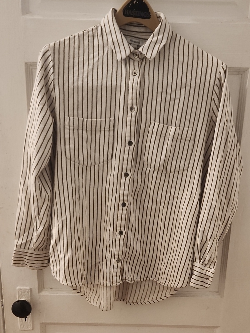 Madewell Cream Button-Down Shirt with Black Vertical Stripes